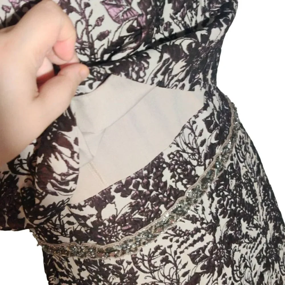 Badgley Mischka Size 14 Purple Floral Leaf Print Cocktail Midi Dress - Picture 4 of 7